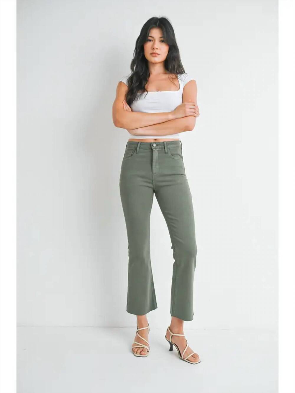 NEW JUST BLACK DENIM cropped demi flare slim jeans in vintage olive